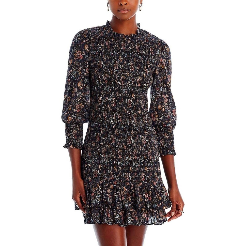 Veronica Beard‎ Floral Smocked Cotton Mini Dress Black Multi Size 2